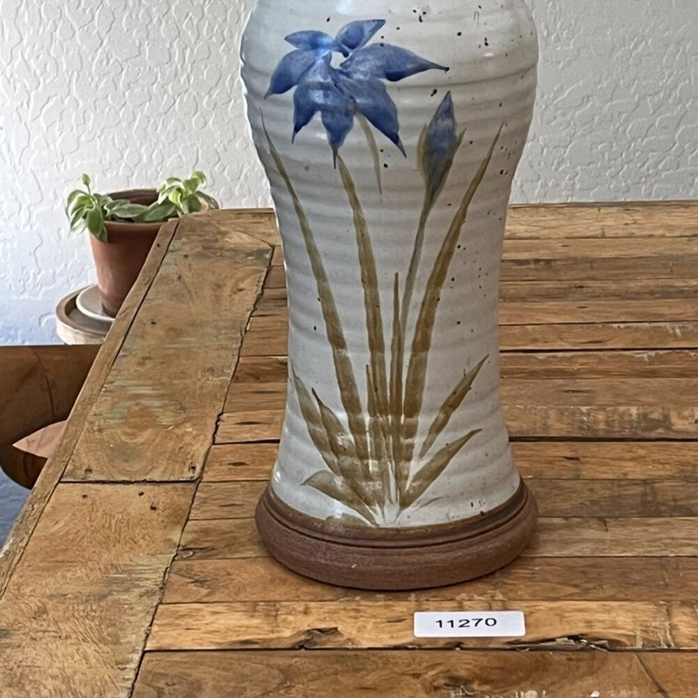 Studio Art Pottery Stoneware Vase 12.5" Ivory w/ Brown Base Painted Flower - Picture 8 of 8